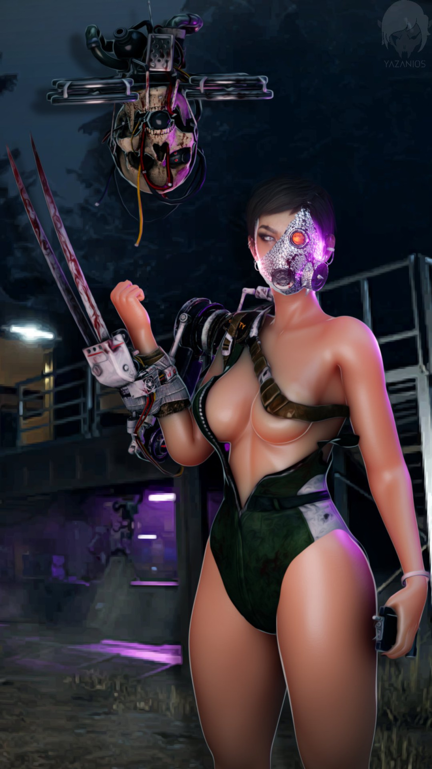 3d adriana_imai ass blue_eyes breasts dbd dead_by_daylight killer masked_female short_hair the_skull_merchant weapon