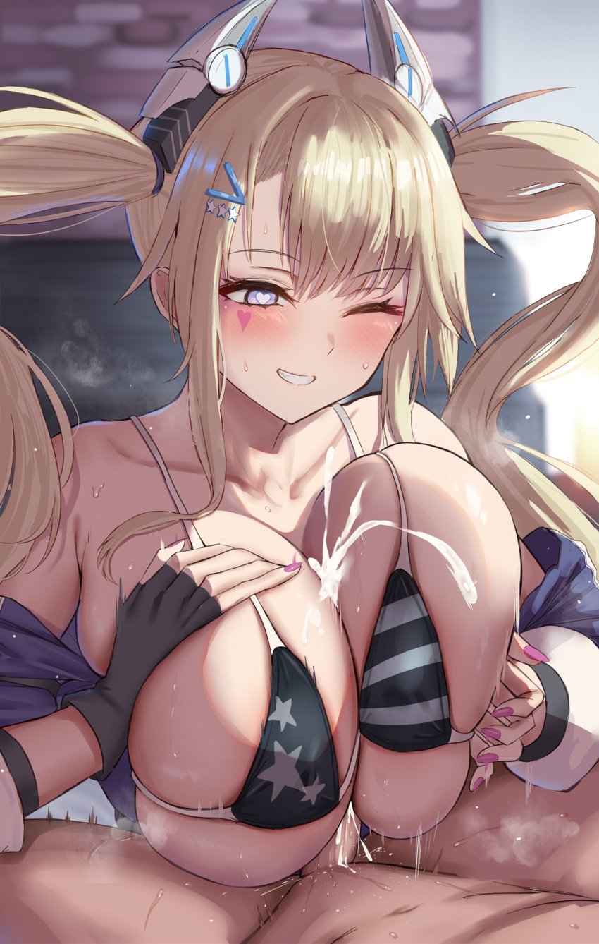 1boy 1girls american_flag_bikini azur_lane bikini blonde_hair blue_eyes breasts cum cum_between_breasts eagle_union_(azur_lane) female guam_(azur_lane) hi_res huge_breasts huge_cock large_breasts light-skinned_female light-skinned_male light_skin long_hair male paizuri penis satou_aji smile symbol-shaped_pupils titjob twintails