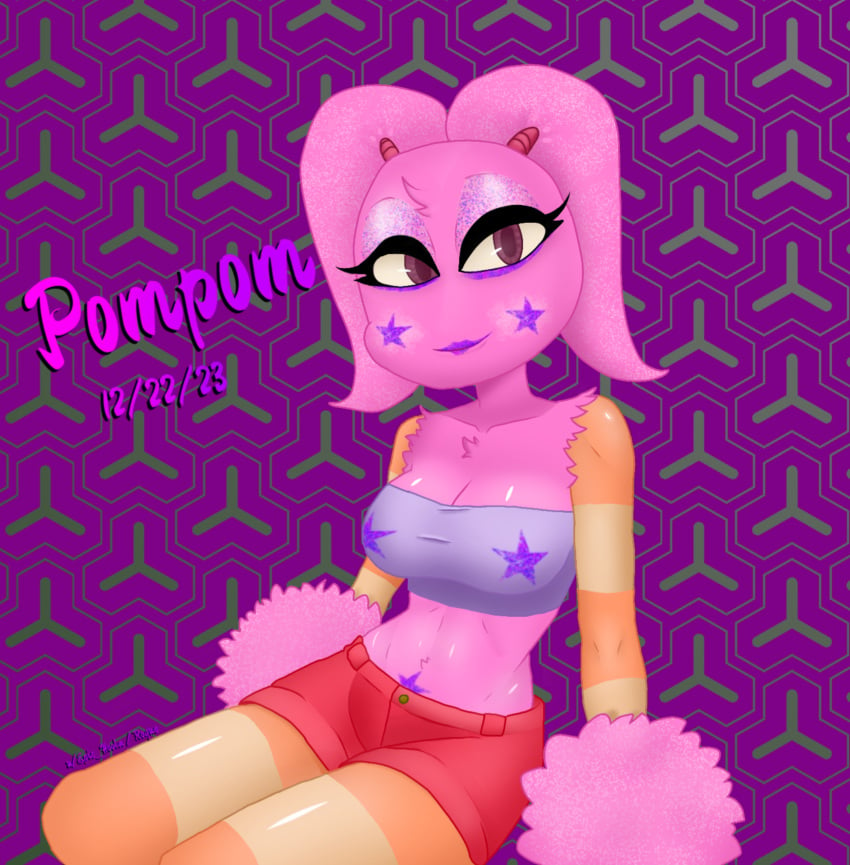 artist_name bandeau bare_shoulders breasts character_name cleavage closed_mouth collarbone colored_skin crop_top dated english_text eyeshadow female furry furry_female high_resolution highres lipstick looking_at_viewer makeup medium_breasts midriff my_singing_monsters navel pink_fur pink_hair pomily pompom_(my_singing_monsters) rogue_(artist) self_upload shiny shiny_fur shiny_skin shirt short_shorts shorts signature sitting smile solo star_(symbol) star_tattoo stomach strapless tattoo tube_top twintails