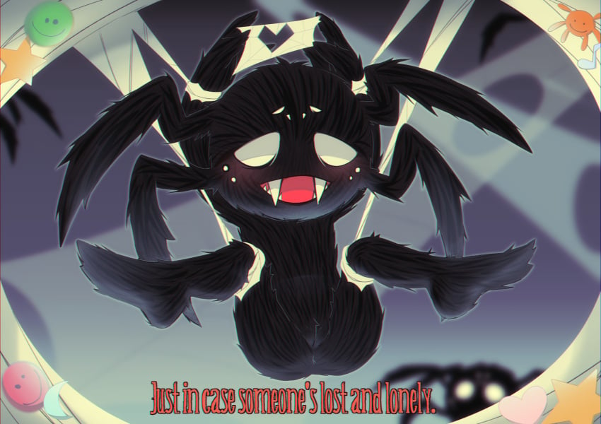 anthro arachnid arthropod black_body black_fur blush cub decoration dialogue don't_starve dont_starve_together fangs female fur genitals half-closed_eyes hands_behind_head klei_entertainment membrane_(anatomy) multi_eye narrowed_eyes presenting presenting_pussy pussy raised_arms rule_63 smile solo spider spread_legs webber