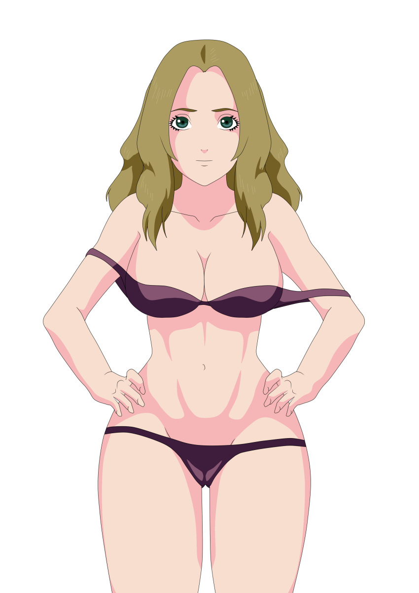 1girls aqua_eyes blonde_hair bra breasts cleavage dfdfdfq female female_only hands_on_hip human human_only large_breasts lingerie long_hair looking_at_viewer naruto naruto_shippuden panties purple_bra purple_panties solo solo_focus standing tsuchigumo_hotaru white_background