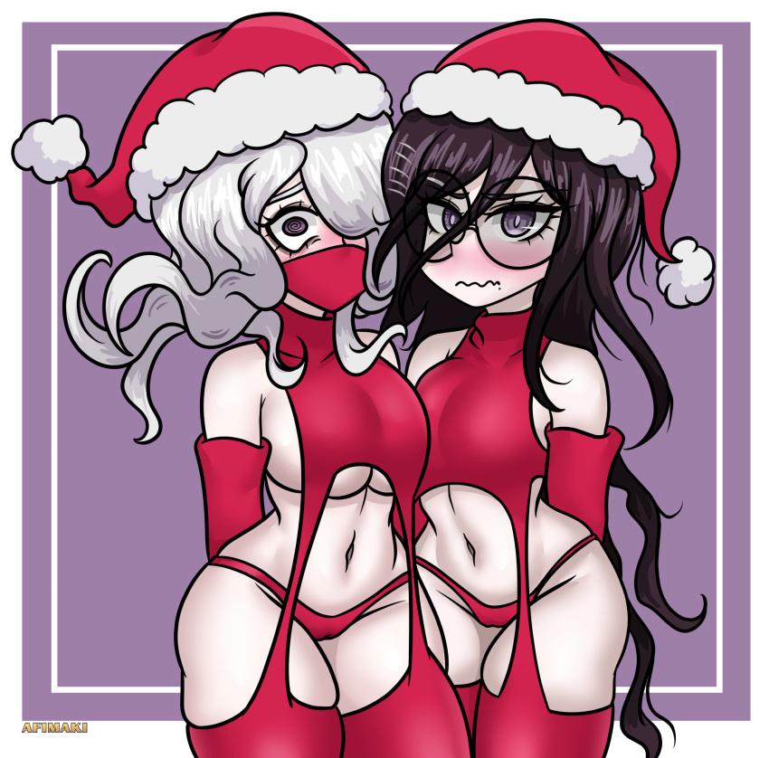 afimaki arm_warmers blush breasts christmas christmas_headwear christmas_outfit danganronpa danganronpa:_trigger_happy_havoc danganronpa_1 danganronpa_3 embarrassed exposed_stomach facemask fukawa_touko kimura_seiko large_breasts nervous_expression pear-shaped_figure pear_shaped purple_background santa_hat simple_background thick_thighs thighhighs thighs turtleneck unique_eyes virgin_destroyer_sweater