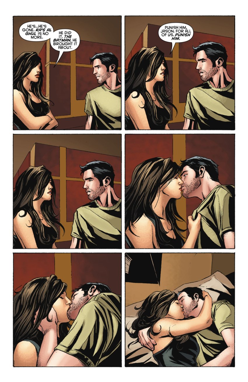 1boy 1girls age_difference assertive_female batman_(series) comic comic_page dc dc_comics deep_kissing female hugging imminent_sex jason_todd kissing lipstick making_out male male/female on_bed red_hood_(dc) shirt_grab shirt_pull speech_bubble straight talia_al_ghul text western_art