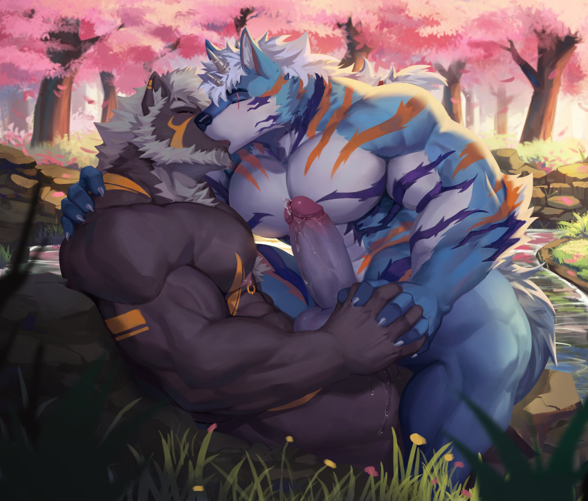 2boys abs absurd_res anthro balls biceps big_muscles big_penis black_nose blue_body blue_fur bodily_fluids brown_body brown_fur bulge cherry_blossom cherry_blossom_tree cherry_tree claws closed_eyes dripping duo erection eye_scar facial_scar fingers forest fruit_tree fur furry gay genital_fluids genitals glans gold_markings hair hand_holding hi_res horn jewelry kissing kult2k leaking_precum looking_at_another male markings muscular muscular_anthro muscular_male muscular_thighs navel nipple_piercing nipples on_ground open_mouth orange_markings outside pecs penis piercing pink_glans pink_nipples pink_nose plant precum precum_drip precum_on_leg purple_markings ring_piercing scar tail teeth thick_penis touching_noses tree triceps tuft white_balls white_body white_claws white_fur white_hair white_horn white_penis