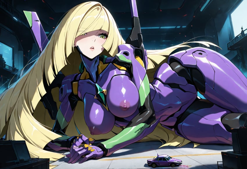 ai ai_generated armored_female blonde_hair erect_nipples eva_01 female fusion giantess green_eyes hybrid long_hair lusamine_(pokemon) lying_on_side milf neon_genesis_evangelion pokemon pokemon_character pokemon_sm self_upload stable_diffusion