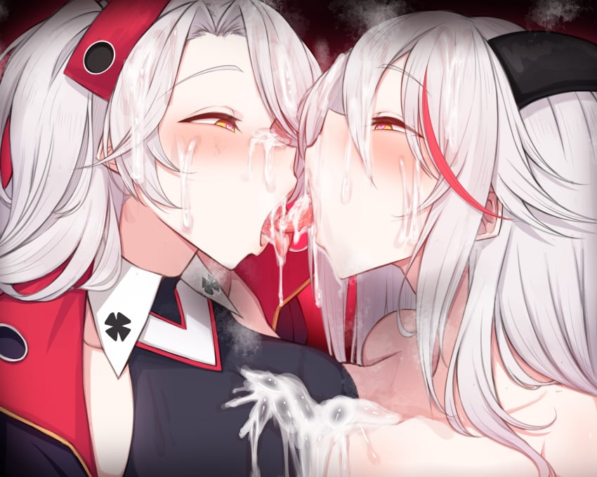 2girls aegir_(azur_lane) after_sex azur_lane big_breasts blush breast_press breasts cum_in_mouth cum_on_breasts cum_on_face duo fellatio female female_only french_kiss heart-shaped_pupils horns huge_breasts kissing lesbian_kiss multiple_girls orange_eyes prinz_eugen_(azur_lane) rikuguma saliva tongue_out white_hair yuri