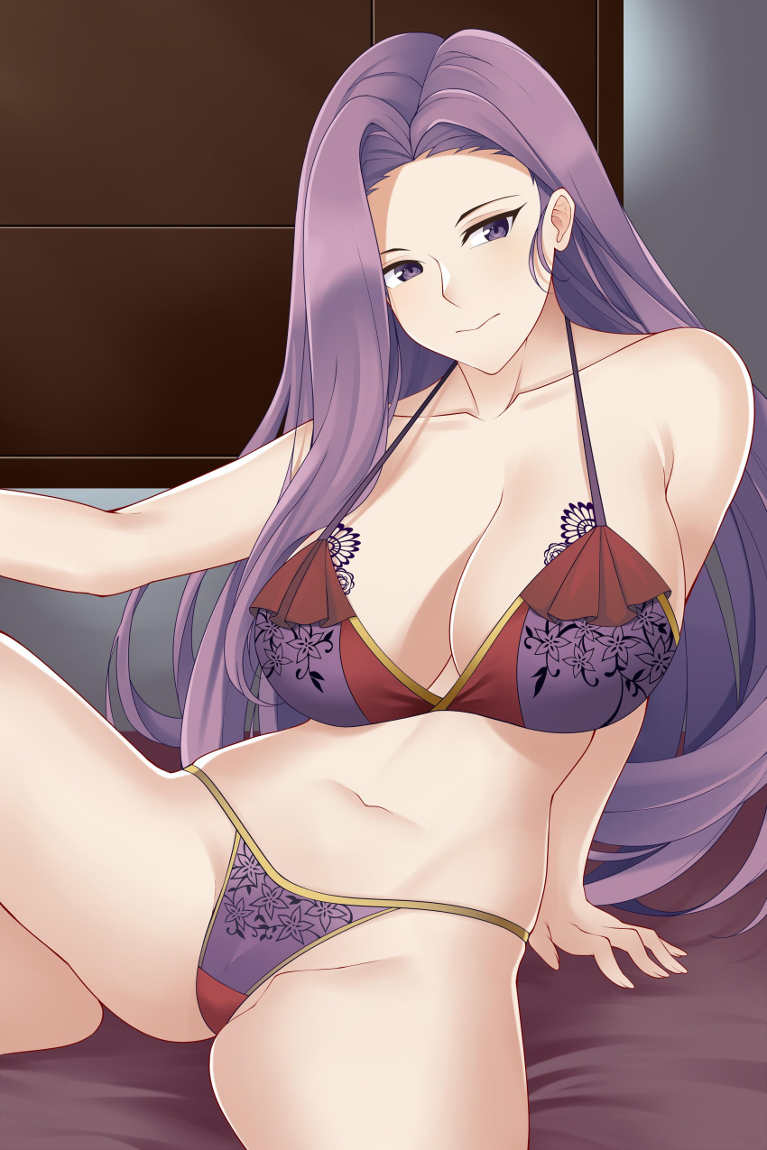 1girls aslindsamure breasts cleavage female female_only fire_emblem fire_emblem_echoes:_shadows_of_valentia floral_print hand_on_knee large_breasts leaning_on_hand lingerie looking_away purple_eyes purple_hair solo sonya_(fire_emblem)