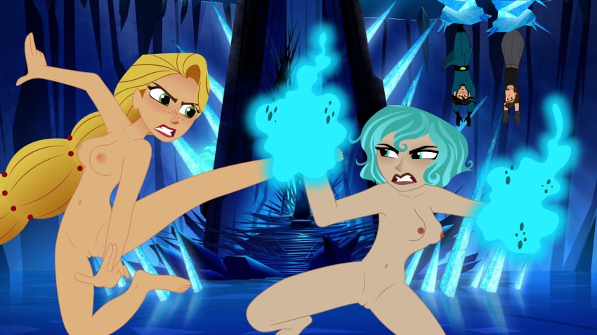 2boys 2girls black_hair blonde_hair blue_hair braid brown_hair cassandra_(tangled) disney disney_channel eugene_fitzherbert female fighting kim_possible mehefin013 multiple_girls nude parody rapunzel tangled tangled:_the_series varian_(tangled)