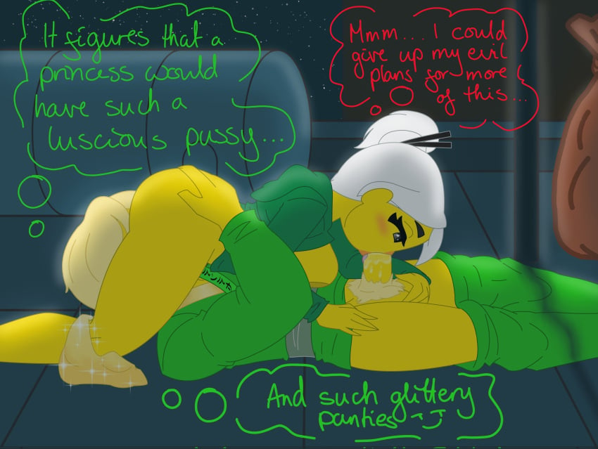 69 blonde_hair blowjob cunnilingus duchess_pixal harumi_(ninjago) lego lloyd_garmadon night ninjago sons_of_garmadon_(ninjago) white_hair yellow_skin