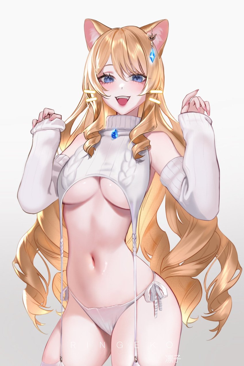 belly blonde_female blonde_hair blonde_hair_female blue_eyes cat_ears catgirl crop_top ear_ring genshin_impact navia_(genshin_impact) panties ringeko_chan skinny skinny_female skinny_girl smile smiling smiling_at_viewer solo_female sweater underboob underwear virgin_destroyer_sweater virgin_killer_sweater visible_underwear