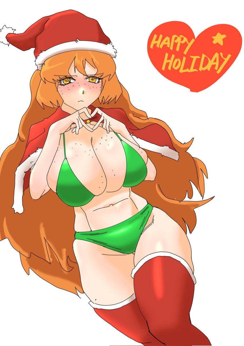 1girls blush breasts christmas cleavage english_text female female_only freckles frown green_bikini heart_sign ishmael_(limbus_company) large_breasts light_skin limbus_company long_hair looking_at_viewer oldowan orange_hair project_moon santa_hat solo thick_thighs thighhighs yellow_eyes