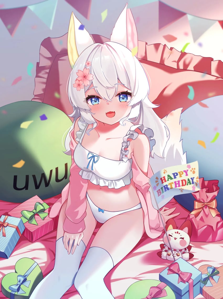 1girls bed blue_eyes chappycherri clothed female fox_ears fox_girl hair_between_eyes hair_ornament koicorp skinny small_breasts virtual_youtuber vtuber white_hair white_panties