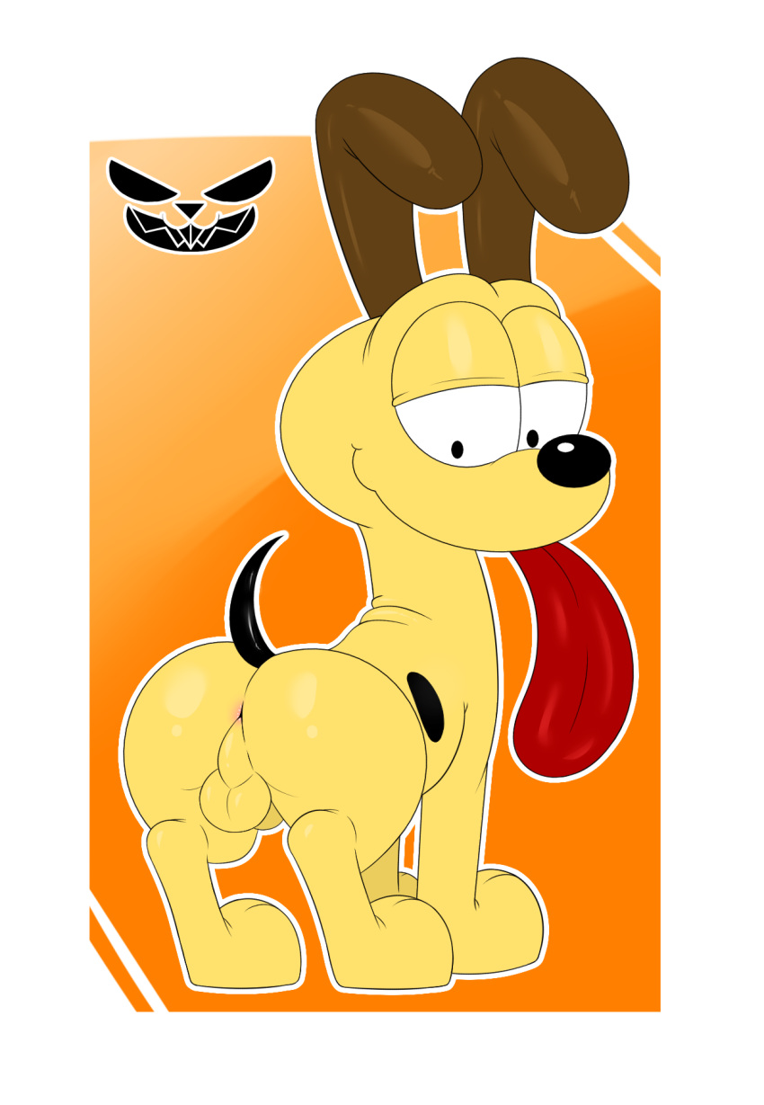 1boy animal_genitalia ass backsack balls black_tail brown_ears canid canine feral fur garfield_(series) genitals hi_res looking_back male male_only mammal odie outline paramount_pictures paws,_inc. pepperbunny presenting presenting_hindquarters raised_tail sheath simple_background solo spots tail tongue tongue_out watermark yellow_body yellow_fur