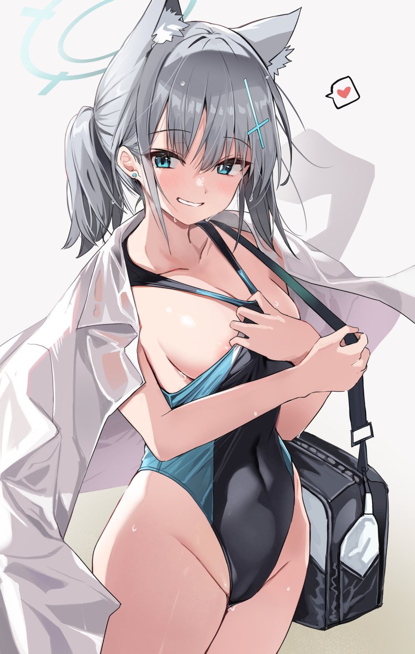 abydos_high_school_student areola_slip blue_archive clutching large_breasts mischievous_smile nipple_teasing shiroko_(blue_archive) shiroko_(swimsuit)_(blue_archive) spoken_heart teasing thick_thighs wet wet_body wide_hips