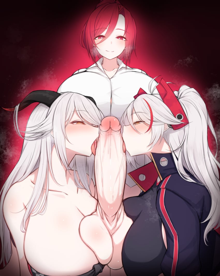 1futa 2girls aegir_(azur_lane) azur_lane balls big_balls big_breasts big_penis blush bottomless breast_press breasts clothed clothing cock_worship collaborative_fellatio erection fellatio female fully_clothed futa_on_female futanari horns horny huge_balls huge_breasts huge_cock human humanoid licking_penis light-skinned_female light-skinned_futanari light_skin oral orange_eyes partially_clothed penis prinz_eugen_(azur_lane) red_eyes red_hair rikuguma saliva sex smooth_balls threesome tongue_out white_hair