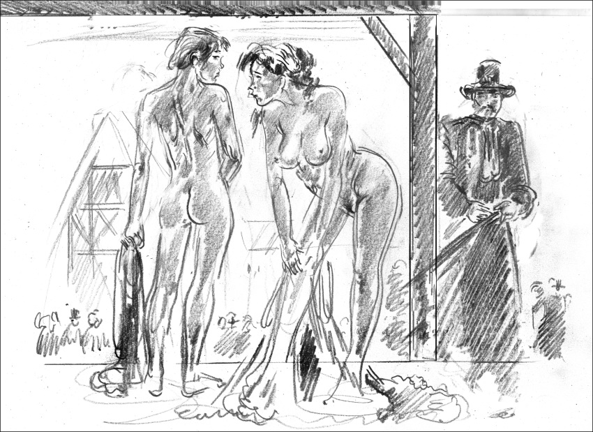 1girls 2boys ass both_sexes_in_same_situation breasts clothed_male_nude_female clothed_male_nude_male female femsub full_body kindinov male male/female male_and_female_subs malesub monochrome multiple_subs nude outdoors pilgrim pilgrim_hat public public_nudity punishment puritan undressing whipping