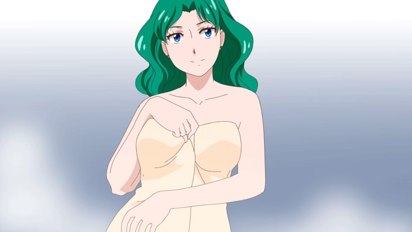 animated bishoujo_senshi_sailor_moon blue_eyes blush bouncing_breasts breasts female green_hair large_breasts medium_breasts michiru_kaiou nipples nude rikeza smile solo towel undressing