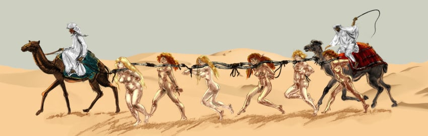 arms_behind_back bondage breasts camel caravan clothed_male_nude_female clothed_male_nude_male coffle desert female femsub kindinov male male_and_female_subs malesub multiple_females multiple_subs nude penis rope rumataestorian slave whip