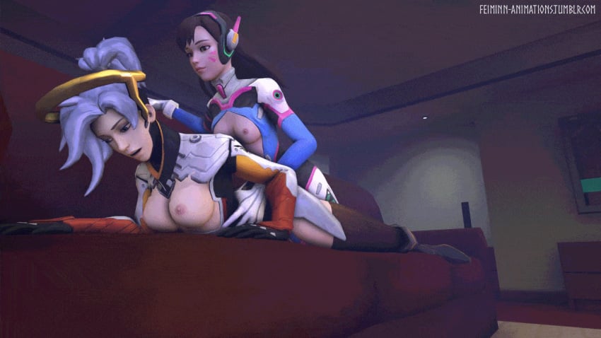 3d adapted_costume animated areolae blizzard_entertainment bodysuit bouncing_breasts breasts d.va doggy_style duo feiminn female futa_on_female futanari gif headphones implied_futanari intersex loop mechanical_halo mercy nipples older_female overwatch source_filmmaker younger_futanari