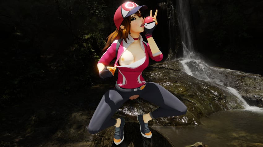 1girls 3d areola ayasz breasts brown_hair choker cleavage crotchless curvy erect_nipples female female_only female_protagonist_(pokemon_go) fingerless_gloves gloves hat human large_breasts leggings licking long_hair looking_at_viewer nipples no_bra no_panties one_breast_out open_mouth outdoors poke_ball pokemon pokemon_go ponytail shoes smile solo spread_legs squatting teeth tongue tongue_out torn_clothes vagina water