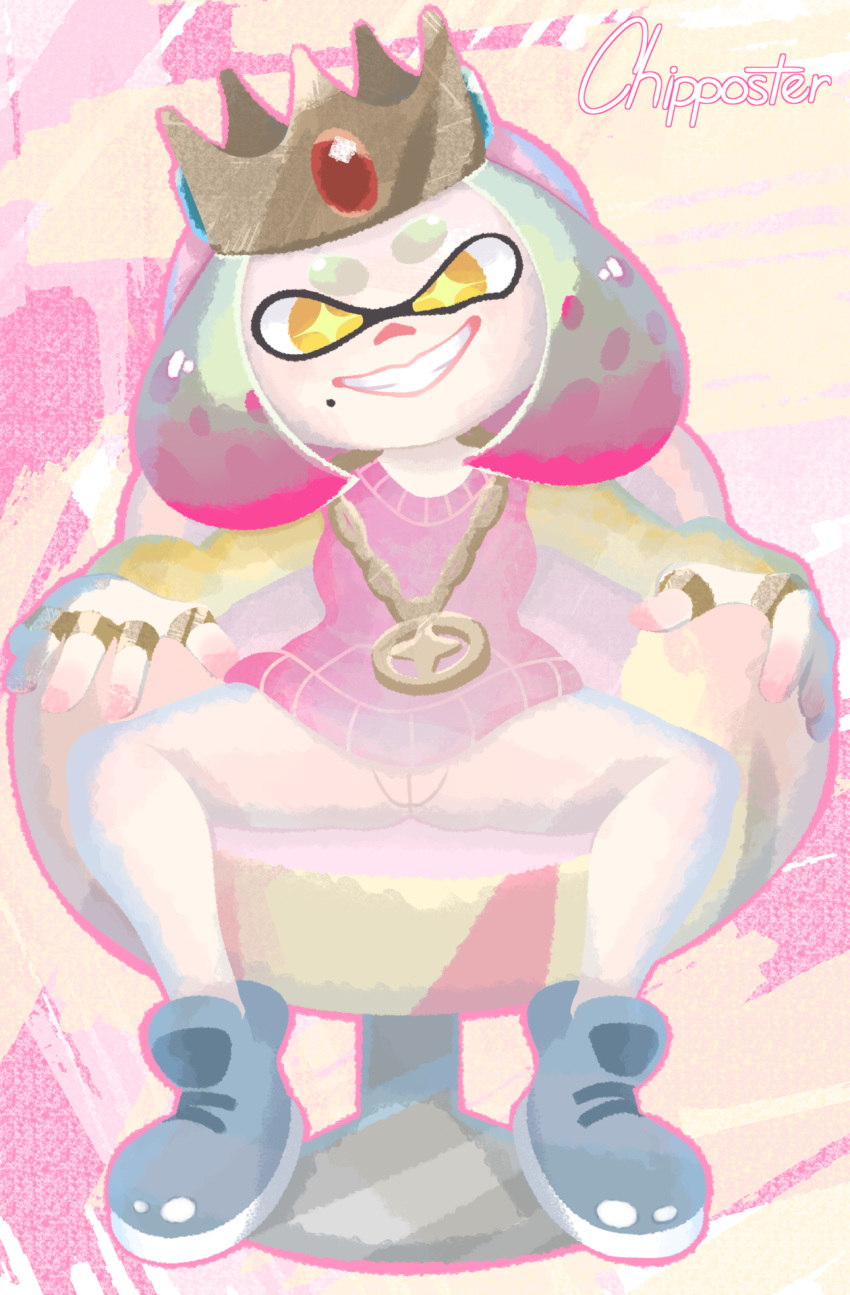 2018 animal_humanoid beauty_mark bottomless cephalopod cephalopod_humanoid chipposter clothed clothing crown digital_media_(artwork) female hair humanoid inkling jewelry light_skin looking_at_viewer marine necklace nintendo pearl_(octo_expansion) pearl_(splatoon) pink_hair presenting presenting_pussy pussy ring short_hair sitting smile splatoon splatoon_2 spread_legs spreading sweater tentacle tentacle_hair thumb_ring video_games yellow_eyes