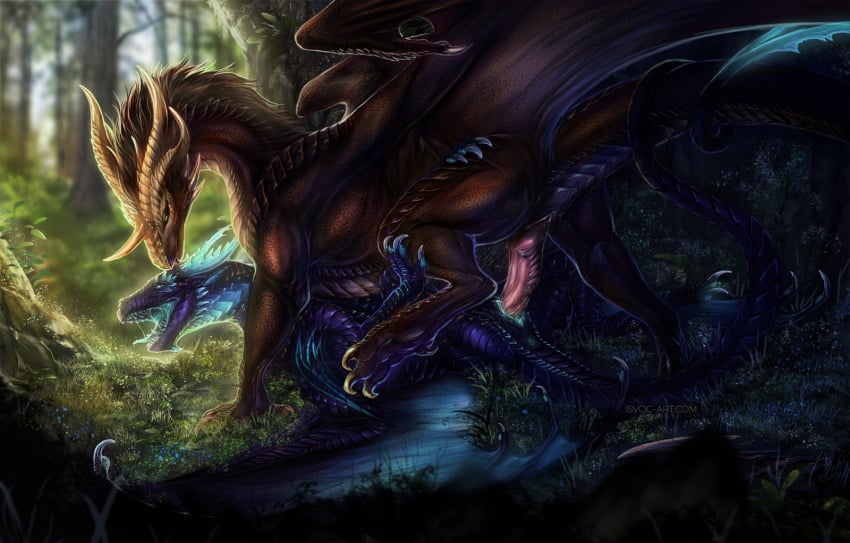 2018 brown_hair day detailed_background dragon duo female feral feral_on_feral green_eyes hair hi_res horn isvoc male male_penetrating open_mouth outside penetration penis purple_scales scales scalie straight teeth tongue vaginal_penetration western_dragon