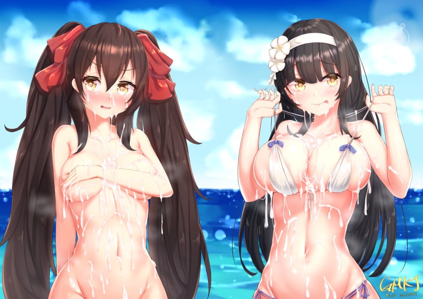 2girls :p alternate_costume arm_across_chest arm_behind_back bangs beach bikini bikini_tug black_hair blue_sky blush breast_lift breasts brown_eyes brown_hair bukkake cleavage cloud collarbone cum cum_on_body cum_on_breasts cum_on_upper_body dated day eyebrows_visible_through_hair facial flower girls'_frontline gmkj groin hair_between_eyes hair_flower hair_ornament hair_ribbon hairband heart heart-shaped_pupils highres large_breasts long_hair looking_at_viewer multiple_girls navel nude ocean open_mouth outdoors red_ribbon ribbon sidelocks signature skindentation sky smile stomach swimsuit symbol-shaped_pupils tongue tongue_out twintails type_95_(girls'_frontline) type_97_(girls'_frontline) very_long_hair white_bikini white_hairband yellow_eyes