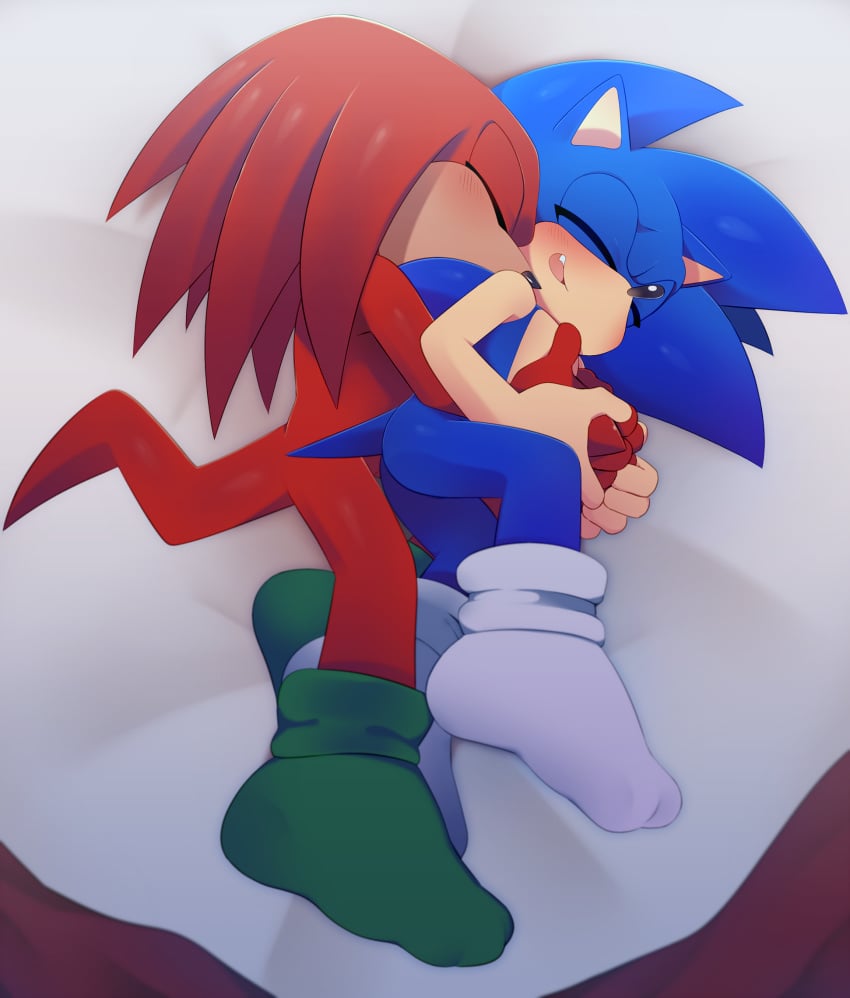 anthro anthro_on_anthro ass blush butt closed_eyes clothed clothing cuddling cute echidna hedgehog hi_res knuckles_the_echidna legwear lying male male_only mammal monotreme nude on_side open_mouth quills r18 sharp_teeth smile socks sonic_(series) sonic_the_hedgehog sonknux teeth tongue video_games yaoi