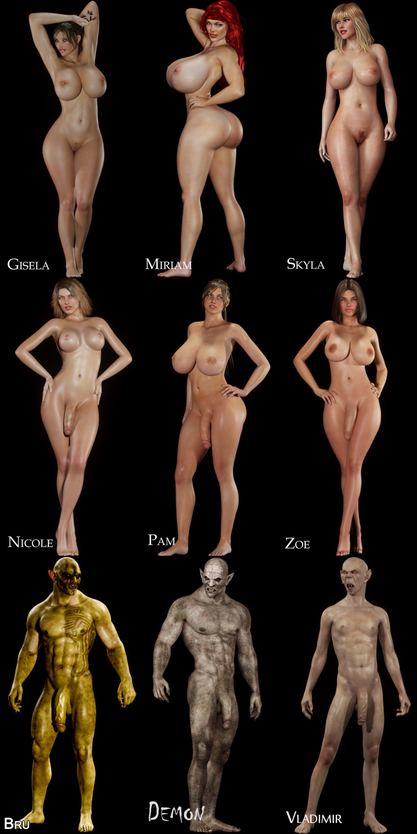 3d 6+girls big_ass big_breasts big_butt blackadder blackadder3d blonde_hair brown_hair demon dickgirl female futanari green_skin intersex male miriam monster pubic_hair red_hair semi-erect skyla_(blackadder) toned