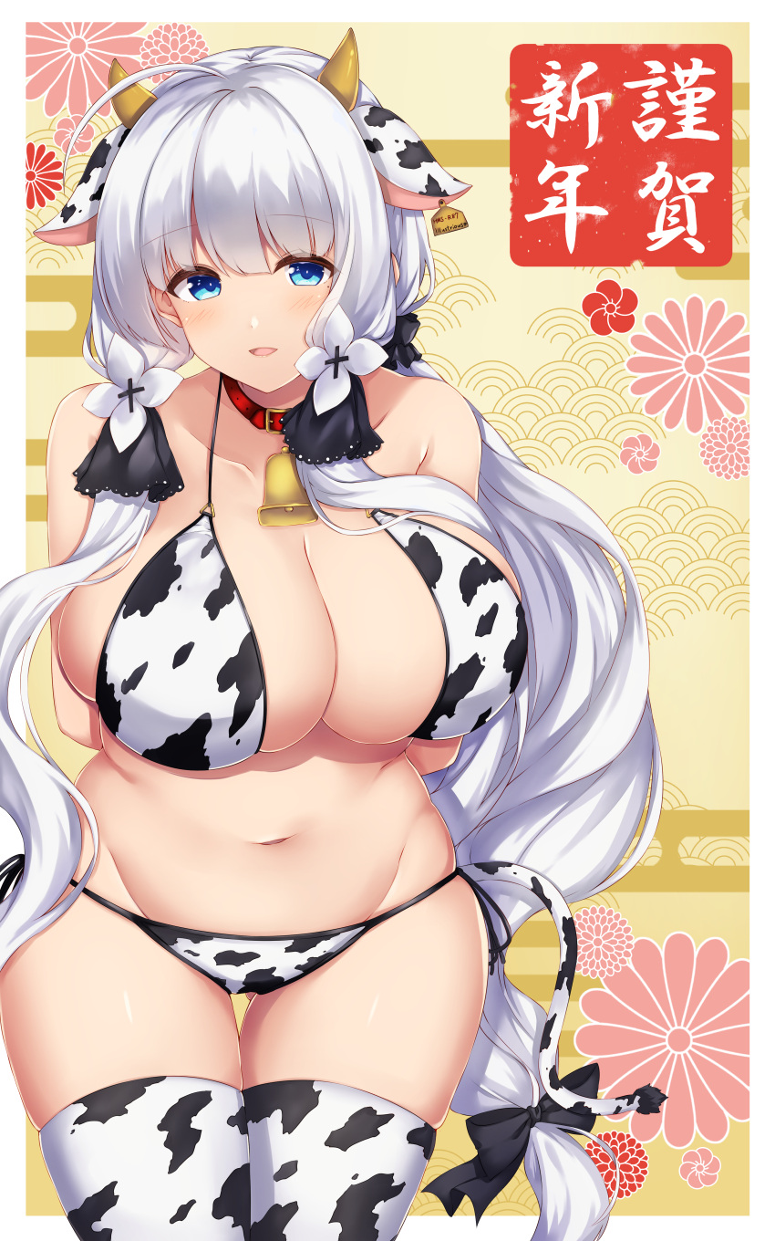 1girls 2021 absurdres ahoge alternate_costume animal_ears animal_print arashiki_mamizu arm_behind_back arms_behind_back azur_lane bare_shoulders bell blue_eyes blush bow breasts cleavage collar cow_ears cow_girl cow_horns cow_print cow_print_bikini cow_print_legwear curvy female female_focus female_only hair_ribbon hairbow halterneck highres horns illustrious_(azur_lane) large_breasts legwear long_hair navel neck_bell open_mouth ribbon solo solo_female thighhighs thighs tress_ribbon tri_tails very_long_hair white_hair year_of_the_ox