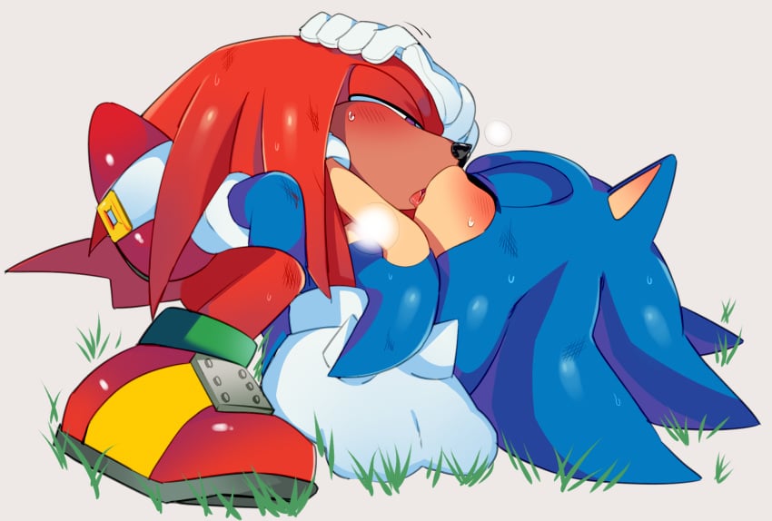 anthro anthro_on_anthro blush breath closed_eyes clothed clothing echidna footwear french_kissing gloves hedgehog hi_res kissing knuckles_the_echidna legwear lying male male_only mammal monotreme nude on_back on_top open_mouth quills r18 shoes socks sonic_(series) sonic_the_hedgehog sonknux spikes sweat tongue tongue_out video_games yaoi