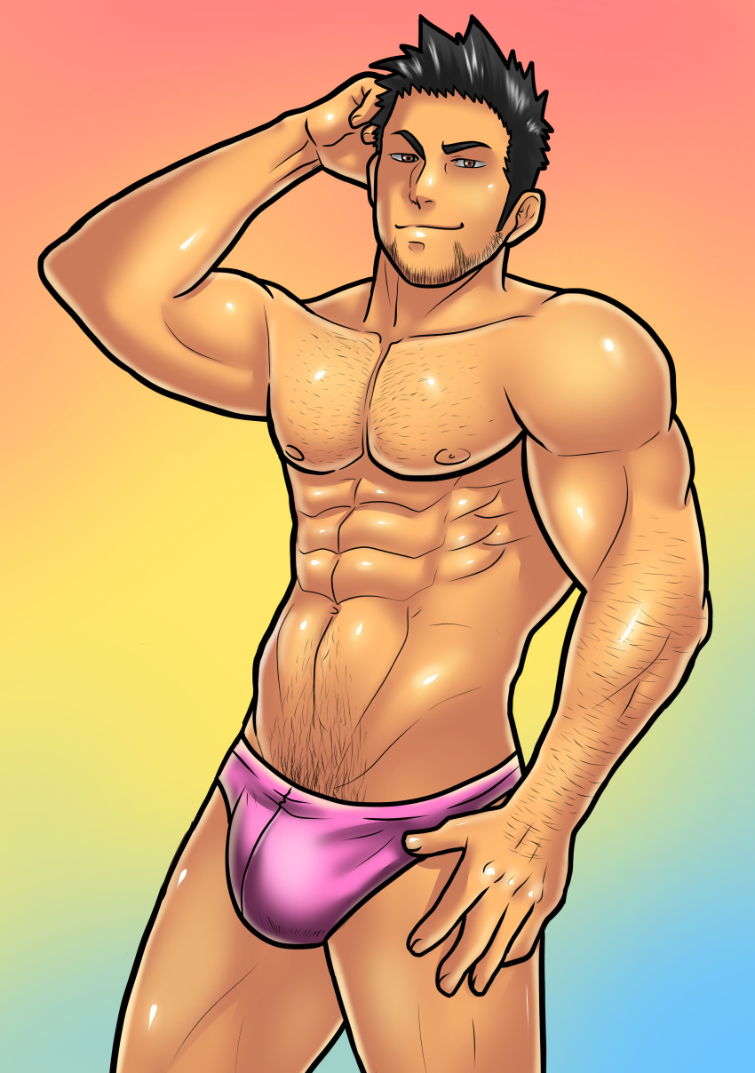 1boy 2017 abs bara black_hair body_hair brown_eyes bulge chest_hair facial_hair fanart h-drawer hairy hairy_arms hairy_chest hairy_male human human_only looking_at_viewer male male_focus male_only muscle muscles muscular muscular_male nipples partially_clothed patreon pecs pink_underwear pose posing priapus pubic_hair six_pack smirk smirking solo solo_focus solo_male speedo underwear underwear_only