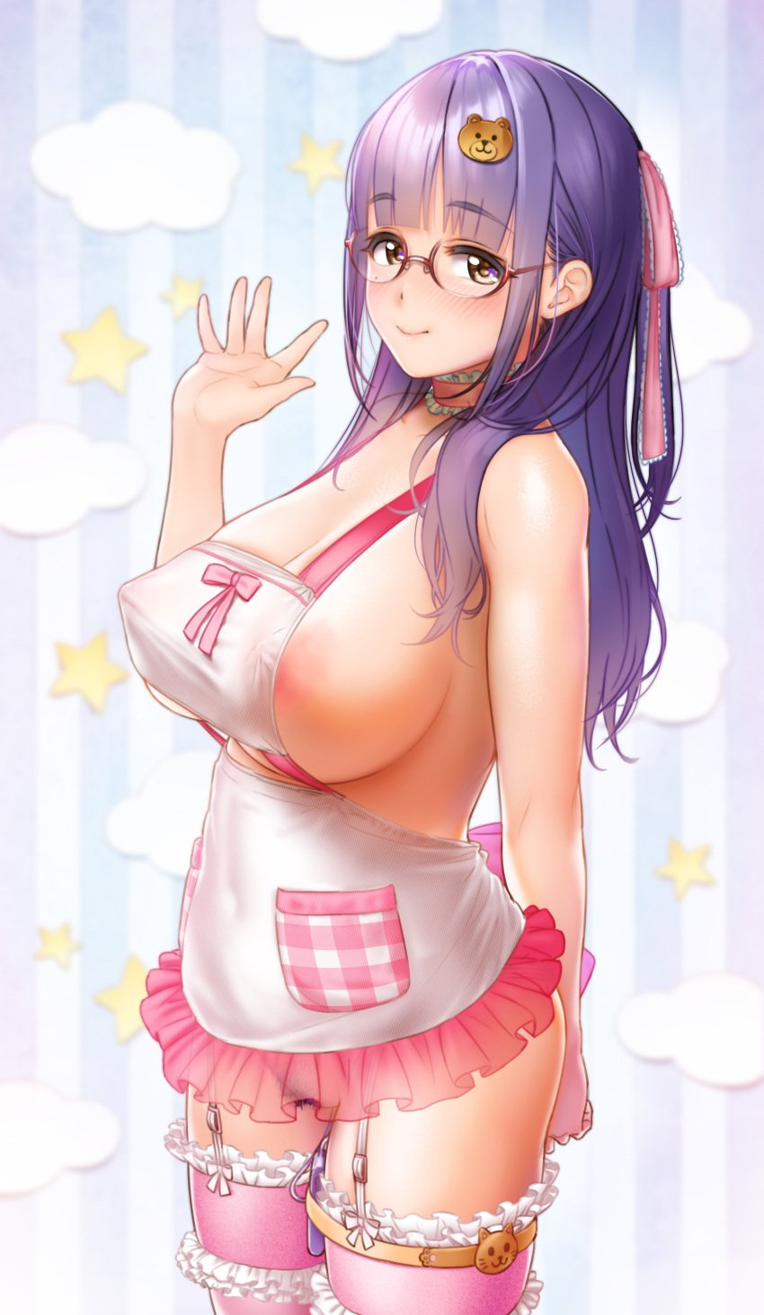 1girl absurd_res apron areola_slip areolae arms_behind_back blush breasts brown_eyes choker cleft_of_venus collarbone covered_erect_nipples cowboy_shot female female_pubic_hair frilled_choker frilled_thighhighs glasses highres large_areolae large_breasts legs_together lips long_hair looking_at_viewer mole naked_apron nipple_bulge nipples ogre_(illustogre) one_side_up original pink_thighhighs pubic_hair purple_hair see-through semi-rimless_eyewear sex_toy sidelocks smile solo standing thick_thighs thighhighs vibrator vibrator_in_thighhighs