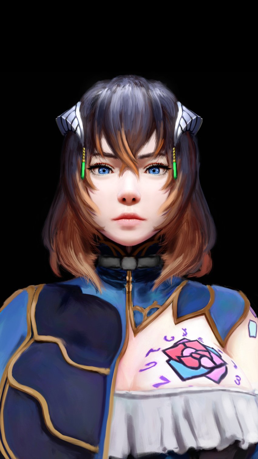 bloodstained:_ritual_of_the_night blue_eyes breast_tattoo brown_hair cleavage corset hair_ornament head_ornament large_breasts lips looking_at_viewer miriam_(bloodstained) multicolored_hair