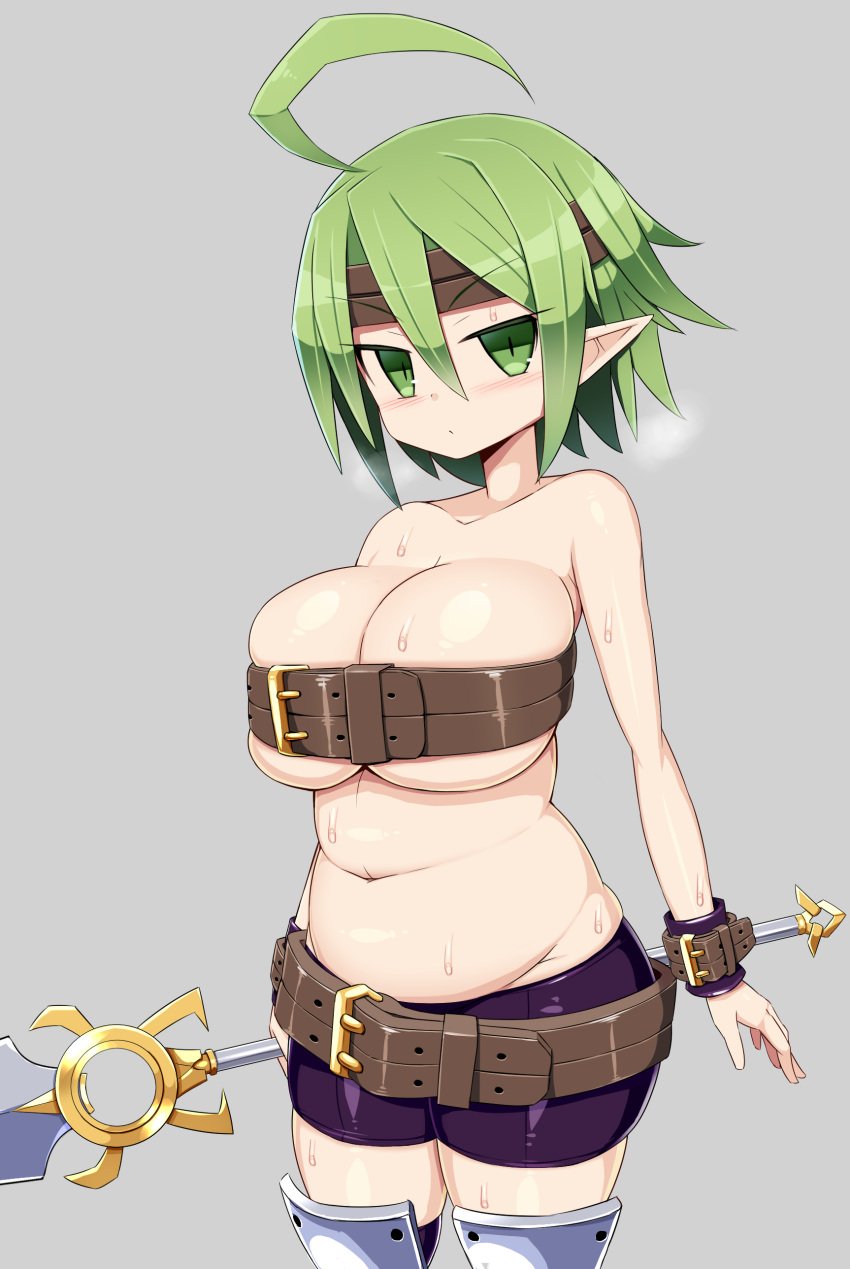 belt_bra breasts chubby_female disgaea large_breasts nippon_ichi_software sawati shorts spear sweat sweating thighhighs valkyrie_(disgaea)