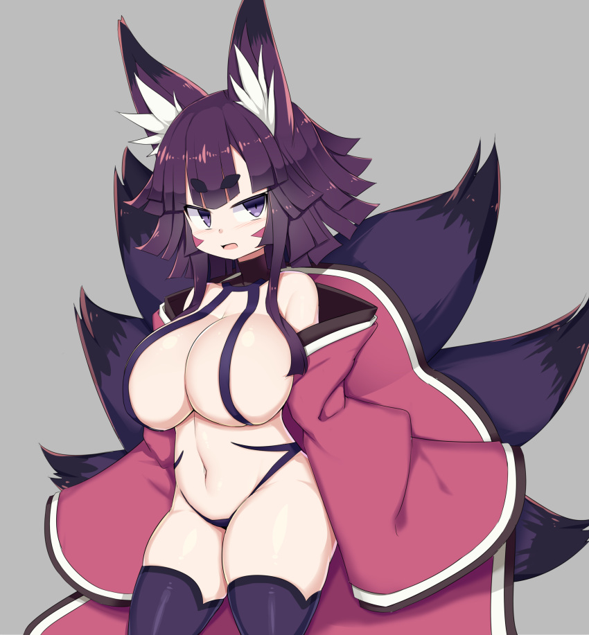 barely_clothed big_breasts breasts disgaea disgaea_5 fox_ears fox_girl fox_tail huge_breasts izuna_(disgaea) kimono kimono_open large_breasts nine-tails_(disgaea) nippon_ichi_software sawati short_stack shortstack skimpy_clothes thick_thighs thighhighs thighs