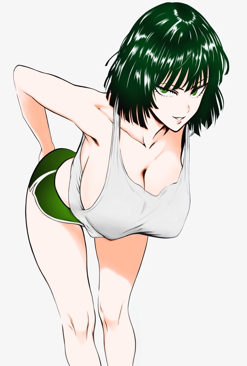 1girls armpits bare_legs bare_thighs bending_forward bending_over bent_over big_ass big_breasts black_hair bob_cut breasts cleavage fubuki_(one-punch_man) green_eyes green_hair hanging_breasts large_breasts leaning_forward looking_at_viewer mostlybluewyatt nipple_bulge one-punch_man short_hair shorts sideboob sleeveless sleeveless_shirt slim_waist smiling_at_viewer solo standing thigh_gap thighs wide_hips