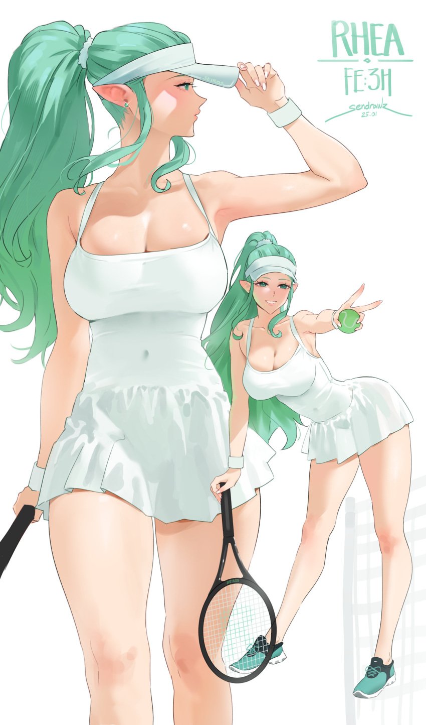 1girls absurdres alternate_costume alternate_hairstyle bare_legs bare_shoulders blush breasts cleavage contemporary fire_emblem fire_emblem:_three_houses full_body green_eyes green_hair highres large_breasts long_hair looking_at_viewer multiple_views pointy_ears rhea_(fire_emblem) sendrawz smile