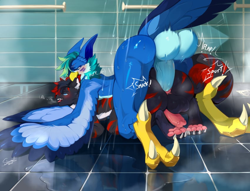 anal anal_sex anthro avian avius_volante balls bathroom beak big_balls big_penis bird blue_body blue_eyes blush breath canid canine canis claws duo ear_nibble feathers feet felid floor genitals glistening hair hi_res huge_balls huge_cock humanoid_genitalia humanoid_penis hybrid hyper hyper_balls hyper_genitalia hyper_penis male male/male male_penetrated male_penetrating male_penetrating_male mammal moan musk musk_clouds pantherine panting pawpads paws penetration penis plap_(sound) red_hair reflection running_water sex shiromell shower smack_(sound_effect) spark_the_tigerwolf spurting_sound_effect steam tail tail_feathers talons thrusting_sound_effect tiger tile tile_floor toes turquoise_hair water water_reflection wings wolf