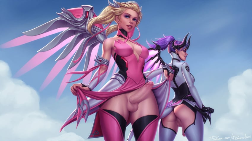 2futas alternate_costume armor ass balls big_penis blizzard_entertainment blonde_hair blue_eyes breasts cleavage dickgirl erection flaccid futa_only futa_sans_pussy futa_with_futa futanari human imp_mercy intersex long_hair looking_at_viewer looking_back mercy overwatch penis perineum personalami pink_mercy ponytail purple_hair standing taint testicles tied_hair twintails wings