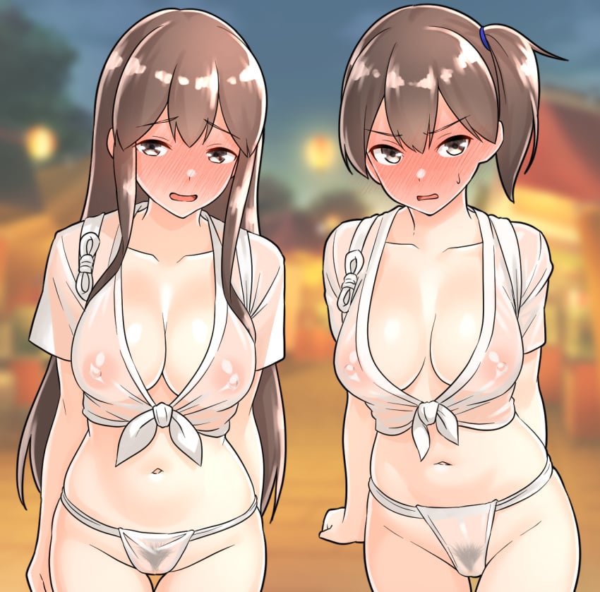 2girls absurd_res absurdres akagi_(kantai_collection) areola_bulge areolae bare_arms bare_belly bare_chest bare_hands bare_hips bare_midriff bare_navel bare_shoulders bare_skin bare_thighs belly belly_button blurred_background blurry_background blush blush_lines blushing_at_viewer blushing_female breasts brown_eyebrows brown_eyes brown_eyes_female brown_hair brown_hair_female busty cleavage cleft_of_venus collarbone curvy curvy_body curvy_female curvy_figure curvy_hips curvy_thighs dot_nose embarrassed embarrassed_female embarrassed_nude_female enf eyebrows_visible_through_hair female female_focus female_only furaggu_(frag_0416) groin half_naked high_resolution highres hourglass_figure kaga_(kantai_collection) kantai_collection large_breasts legs light-skinned_female light_skin long_hair looking_at_viewer medium_breasts multiple_females multiple_girls naked naked_female navel nipple_bulge nipples nude nude_female open_mouth panties parted_bangs ponytail pubic_hair pussy short_hair shoulders side_ponytail sitting slender_body slender_waist slim_girl slim_waist smile smiling smiling_at_viewer thick_thighs thighs thin_waist tongue topwear translucent translucent_clothing uncensored uncensored_breasts uncensored_nipples uncensored_pussy uncensored_vagina underwear upper_body v-line white_panties white_topwear white_underwear wide_hips