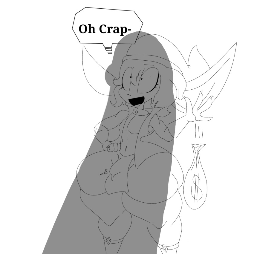 big_ears boner bottom_heavy clothing dropping_object feminine goblin goblin_male japansadface leggings not_my_oc old_art penis_awe penis_shadow sweatdrop text thick_thighs thief worried_expression