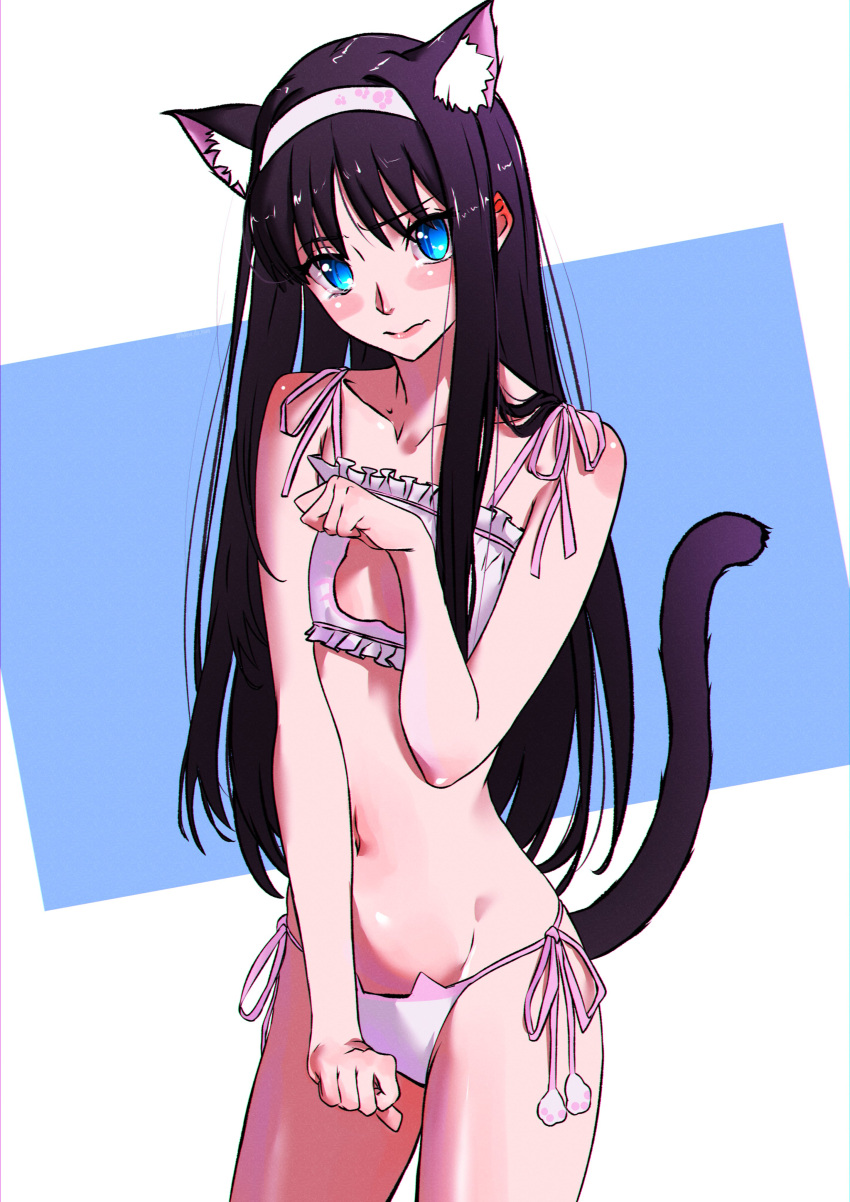 1girls 2024 belly belly_button black_hair blue_eyes blush cat_cutout cat_ears cat_tail collar collarbone embarrassed eyebrows eyebrows_visible_through_hair flat_chest fukou_da_man long_hair simple_background small_breasts solo solo_female solo_focus tohno_akiha tsukihime type-moon