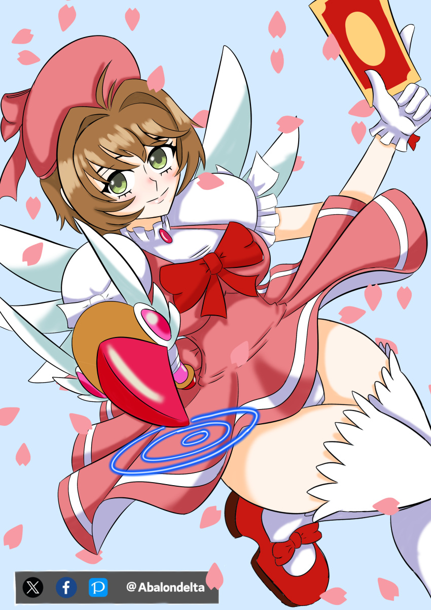 1girls abalondelta aged_up breasts brown_eyes cardcaptor_sakura curvy dress female female_focus gloves green_eyes human large_breasts light-skinned_female light_skin magical_girl panties sakura_kinomoto short_hair staff thick_thighs thighhighs wide_hips wings zettai_ryouiki