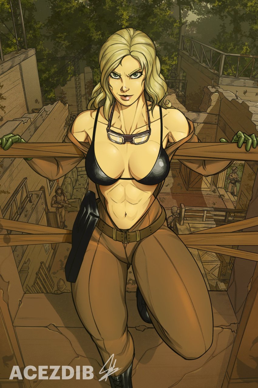 abs acezdib athletic athletic_female bikini bikini_top blonde blonde_hair bodysuit breasts cleavage eva_(metal_gear_solid) fit fit_female gloves green_eyes metal_gear metal_gear_solid muscular muscular_female skintight skintight_bodysuit standing tagme