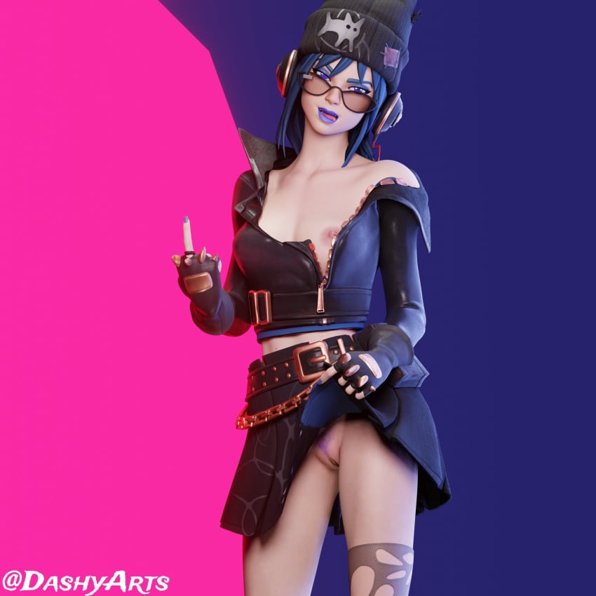 breasts_out dashyarts fortnite hope_(fortnite) lifting_skirt looking_over_eyewear looking_over_glasses looking_over_sunglasses no_panties sunglasses tinted_eyewear