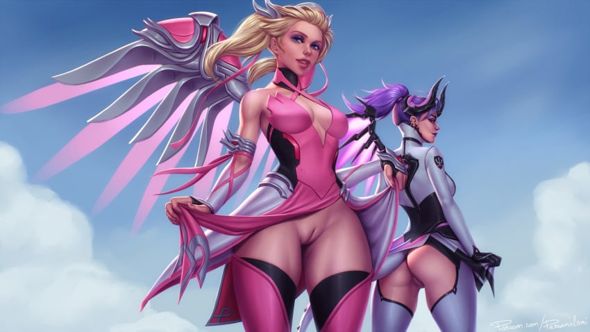 2girls alternate_costume armor ass big_breasts blizzard_entertainment blonde_hair blue_eyes breasts cleavage dress_lift female female_only human imp_mercy lifted_by_self lifting_dress lifting_skirt long_hair looking_at_viewer looking_back medium_breasts mercy multiple_girls no_panties no_panties_under_dress no_panties_under_skirt overwatch personalami pink_mercy ponytail purple_hair pussy pussy_peek shaved_pussy skirt_lift standing tied_hair twintails uncensored wings