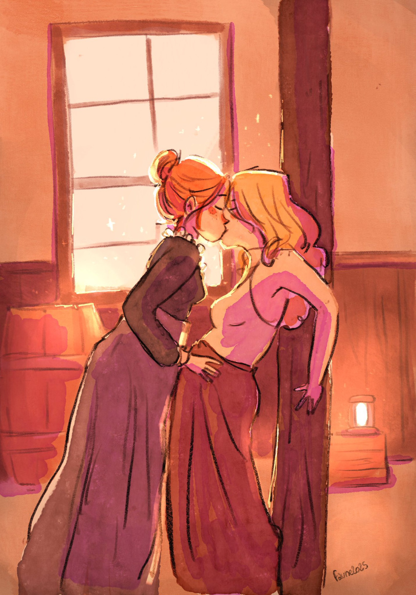 2girls barrel blonde_hair breasts faune female kissing lantern medium_breasts not_porn orange_hair small_breasts