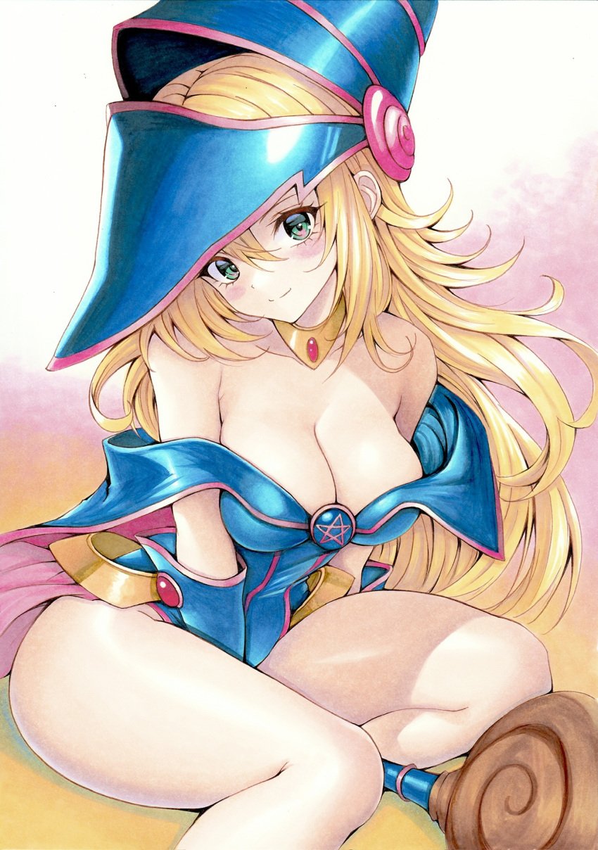 1girls blonde_hair breasts cleavage dark_magician_girl duel_monster female female_focus female_only green_eyes level-5 solo thick_thighs thighs yosaku_(artist) yu-gi-oh!