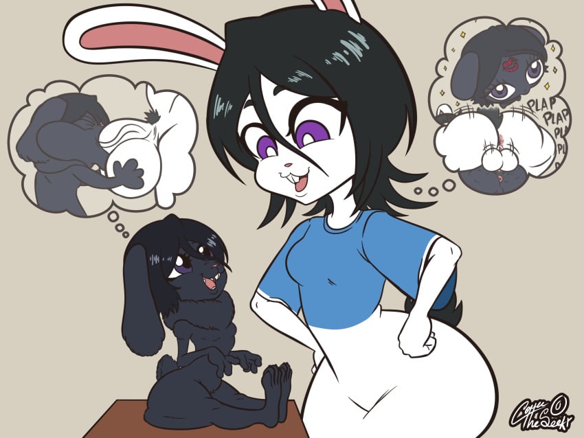 anthro anus big_ass big_balls big_penis black_body black_fur black_hair bleach buckteeth chappy chappy_(bleach) coffeetheseeker derpy_eyes furry furry_only futanari grabbing grabbing_balls hands_on_balls holding holding_balls imagination imagining kiss_mark kuchiki_rukia lagomorph lagomorph_humanoid leporid leporid_humanoid long_ears mating_press medium_breasts meme paws pubic_hair purple_eyes size_difference t-shirt tagme thick_thighs veiny_penis white_body white_fur